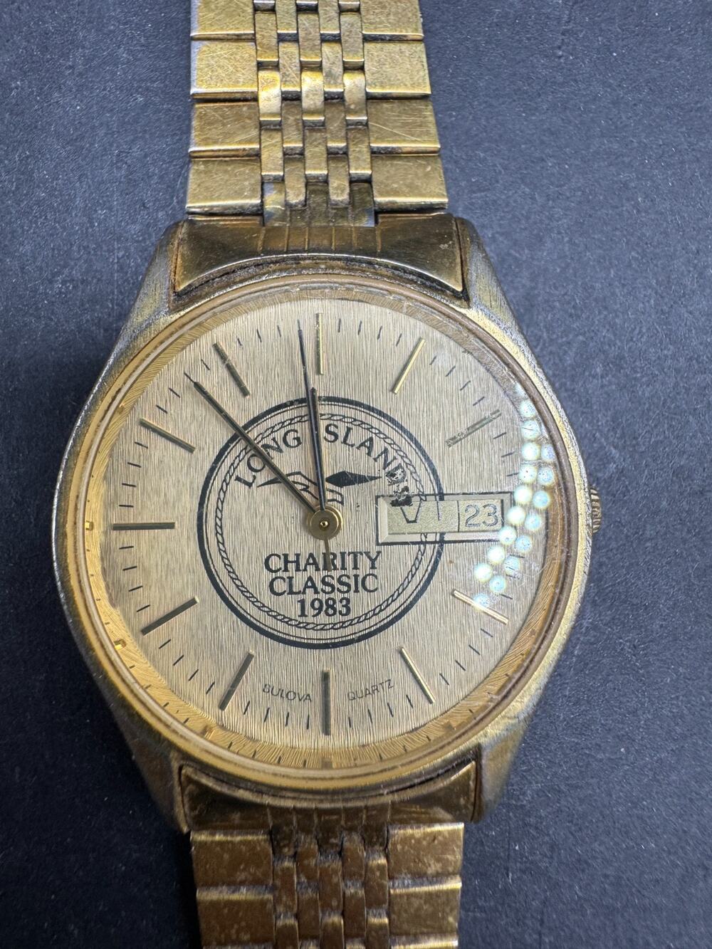 Vtg Bulova Long Island Charity Classic 1983 Men’s Gold Tone Quartz Watch 33MM